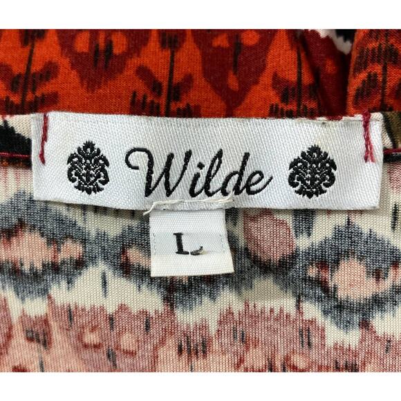 Wilde Size Large Women Red Black Aztec Print Tunic Asymmetric Hem Made in USA - Picture 6 of 7